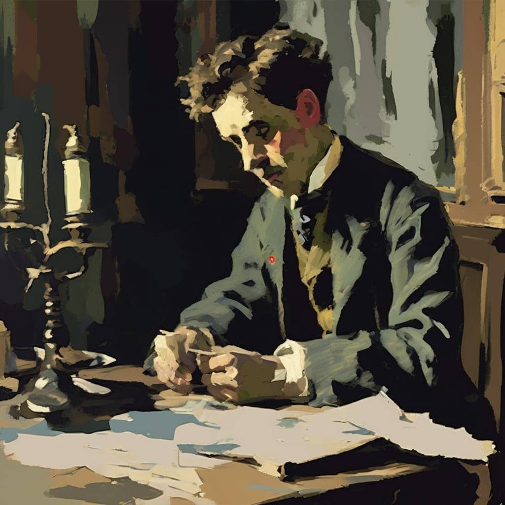 Ανακαλύψτε την καλλιτεχνική κληρονομιά, νεαρός άνδρας διαβάζει στο γραφείο με παραδοσιακά αντικείμενα.